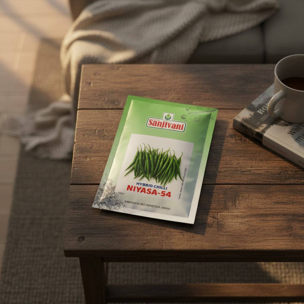 Niyasa-54 Hybrid Chilli Seeds (F1) – Dark Green High Yield Mirchi Beej | Premium Chilli Seeds India | 10g Pack