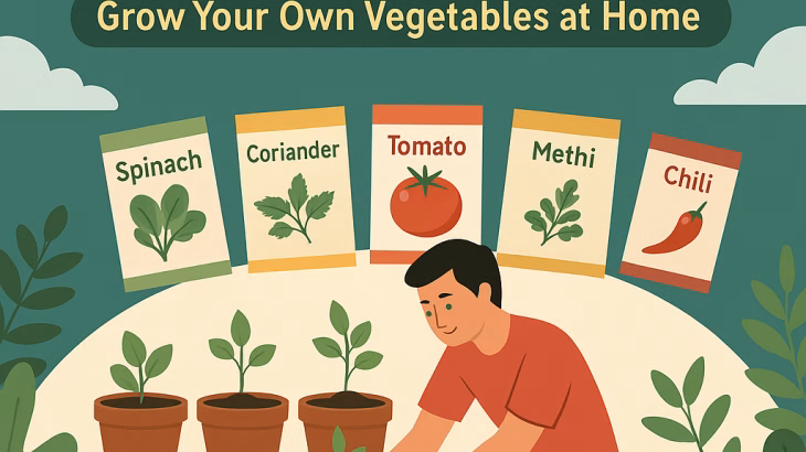 Illustration of an Indian home kitchen garden setup with people growing vegetables like tomatoes, spinach, and coriander in pots and grow bags on a sunny balcony. Includes tools, soil bags, and seed packets to visually represent a beginner-friendly vegetable garden in India.