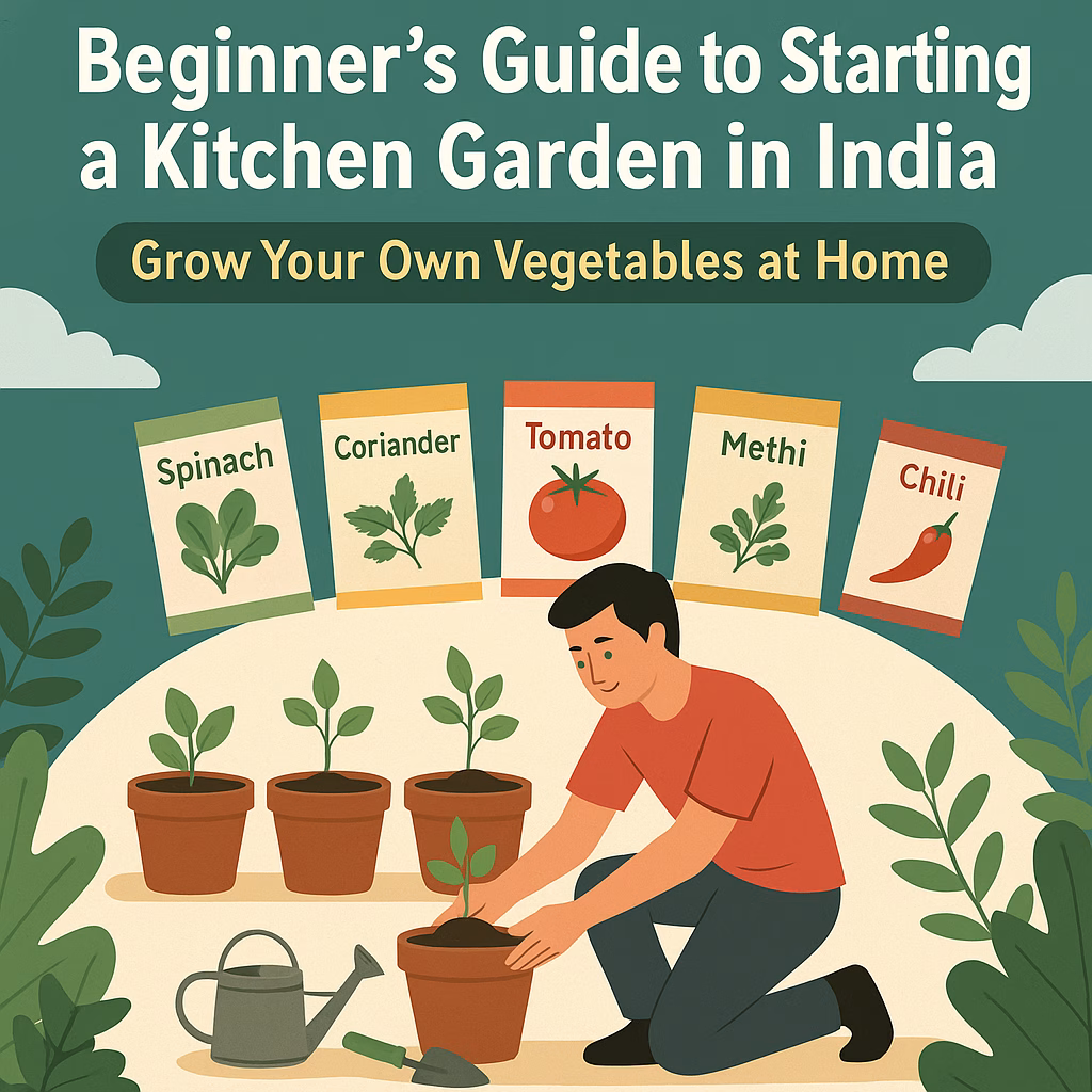 Illustration of an Indian home kitchen garden setup with people growing vegetables like tomatoes, spinach, and coriander in pots and grow bags on a sunny balcony. Includes tools, soil bags, and seed packets to visually represent a beginner-friendly vegetable garden in India.
